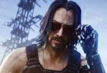 Keanu Reeves as Johnny Silverhand in Cyberpunk 2077 with robotic arm.