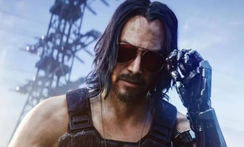 Keanu Reeves as Johnny Silverhand in Cyberpunk 2077 with robotic arm.