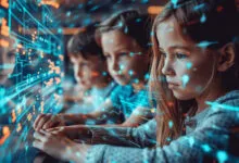 Four children looking intently at a screen displaying glowing digital patterns.