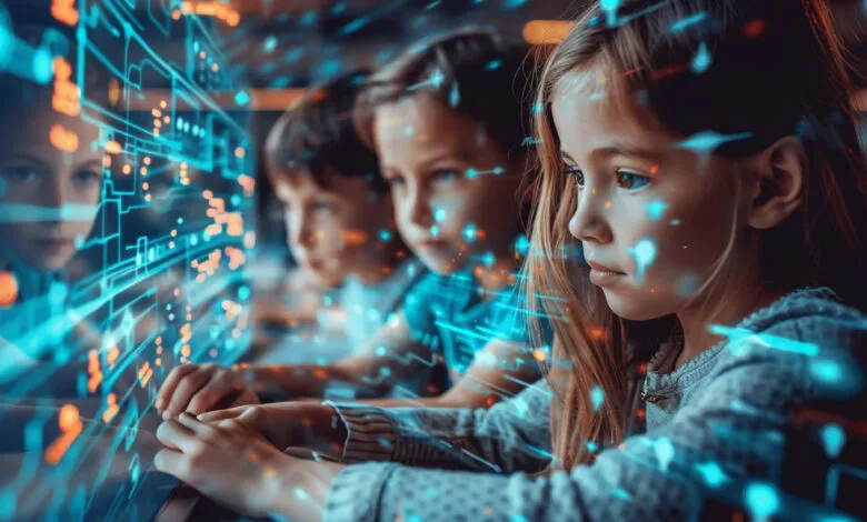 Four children looking intently at a screen displaying glowing digital patterns.