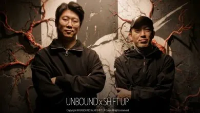 Two men stand in front of a textured backdrop with branching red patterns.