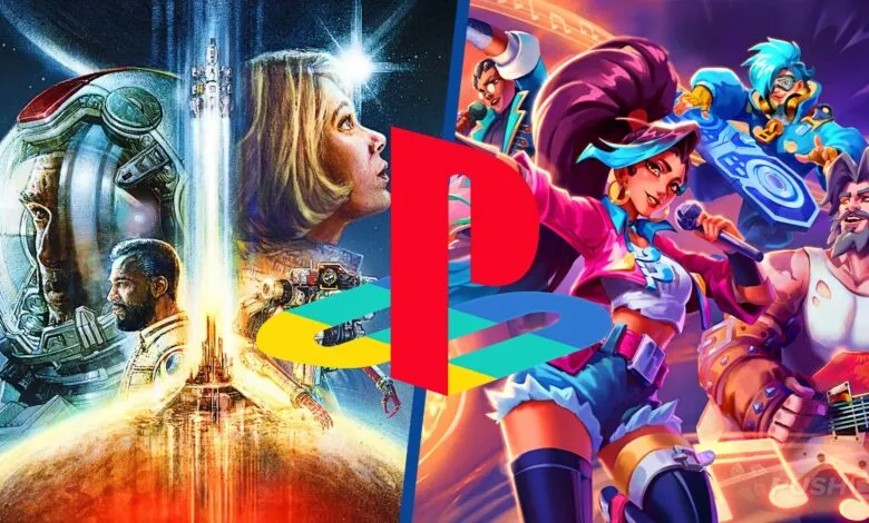 Split image: Returnal space theme and colorful music game characters with PlayStation logo.