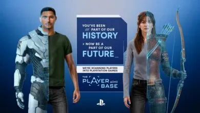 PlayStation ad featuring scanned players for future games, split between real and digital.