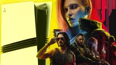 PlayStation 5 console with Cyberpunk 2077 characters overlayed.