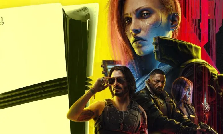 PlayStation 5 console with Cyberpunk 2077 characters overlayed.