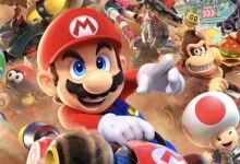 Mario Kart characters racing, including Mario, Donkey Kong, and Toad.