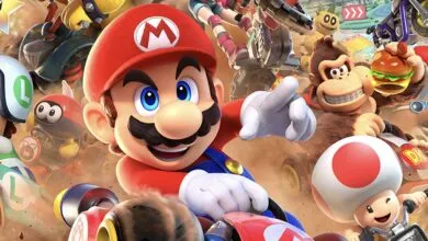 Mario Kart characters racing, including Mario, Donkey Kong, and Toad.