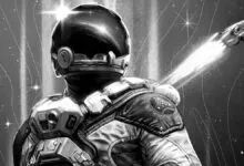 Monochrome art of astronaut in space with ship leaving a trail of light.