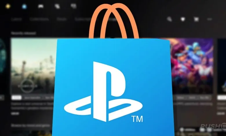 PlayStation Store bag icon against blurred game listings.