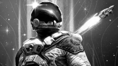 Monochrome art of astronaut in space with ship flying by.