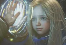 Young girl with blonde hair interacts with a futuristic holographic display.