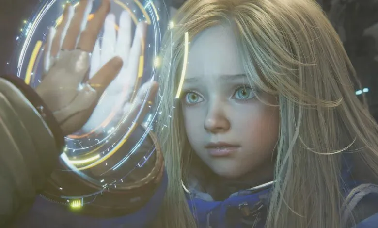 Young girl with blonde hair interacts with a futuristic holographic display.