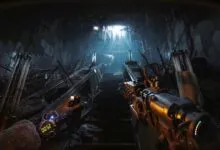 First-person view of a dark, post-apocalyptic tunnel with stairs leading to a light source.