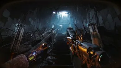 First-person view of a dark, post-apocalyptic tunnel with stairs leading to a light source.