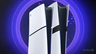 PlayStation 5 console with white and black design against a purple background.