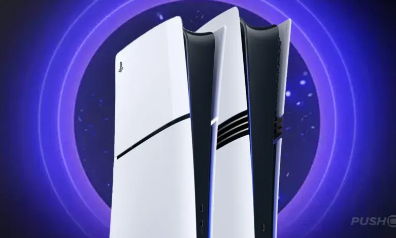 PlayStation 5 console with white and black design against a purple background.