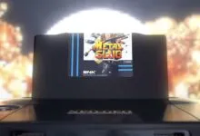 Metal Slug game cartridge in Neo Geo console with explosion background.