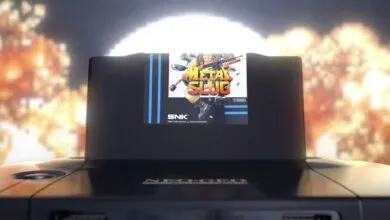 Metal Slug game cartridge in Neo Geo console with explosion background.