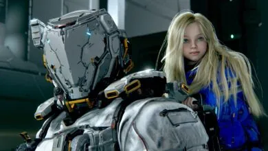 Girl with blonde hair stands next to a large, futuristic robot in a hangar.