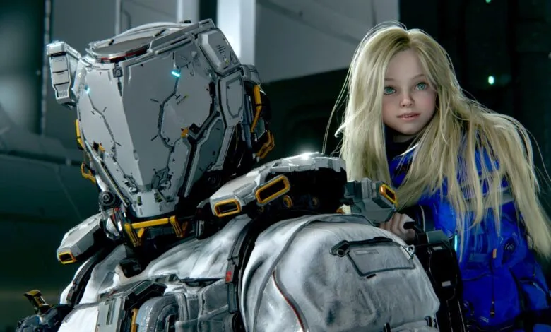 Girl with blonde hair stands next to a large, futuristic robot in a hangar.