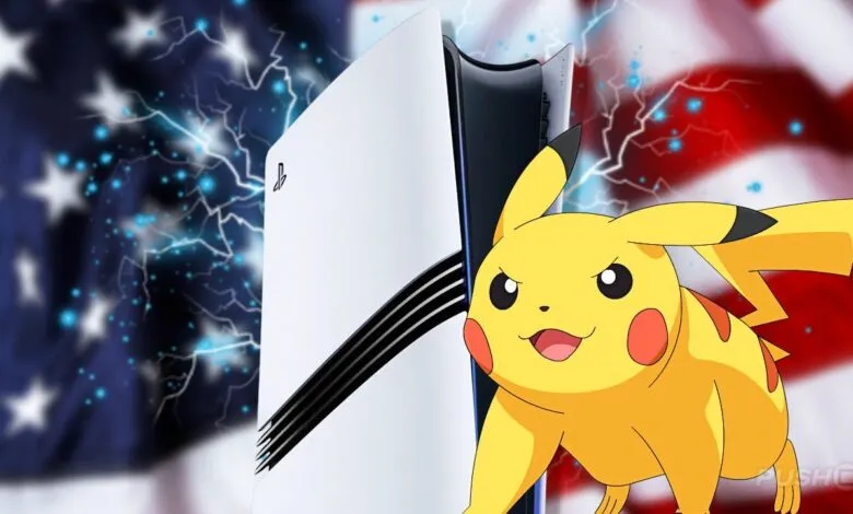 PlayStation 5 console with Pikachu against an American flag backdrop.