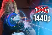 Futuristic woman aiming with 1440p resolution overlay.