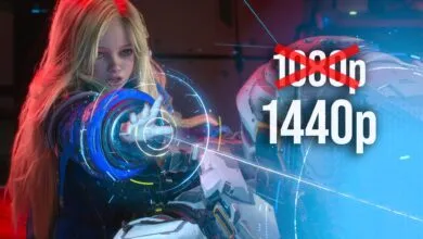 Futuristic woman aiming with 1440p resolution overlay.