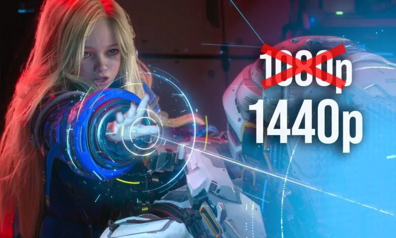 Futuristic woman aiming with 1440p resolution overlay.