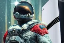 Astronaut in spacesuit stands next to a PlayStation 5 console.