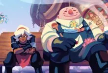 Stylized illustration of two characters on a bench, one cheerful, one grumpy.