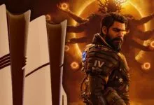 PlayStation 5 consoles next to a character from the Outriders game.