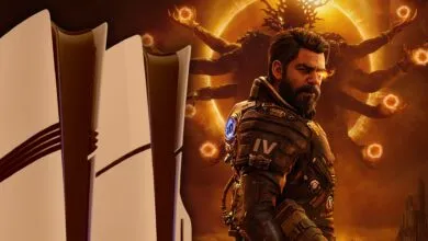 PlayStation 5 consoles next to a character from the Outriders game.