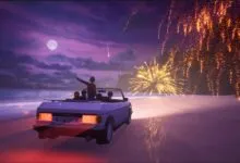 Convertible car on beach at night with fireworks and full moon.