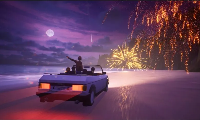 Convertible car on beach at night with fireworks and full moon.