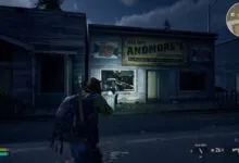 Character stands before Andmore's General Store at night.