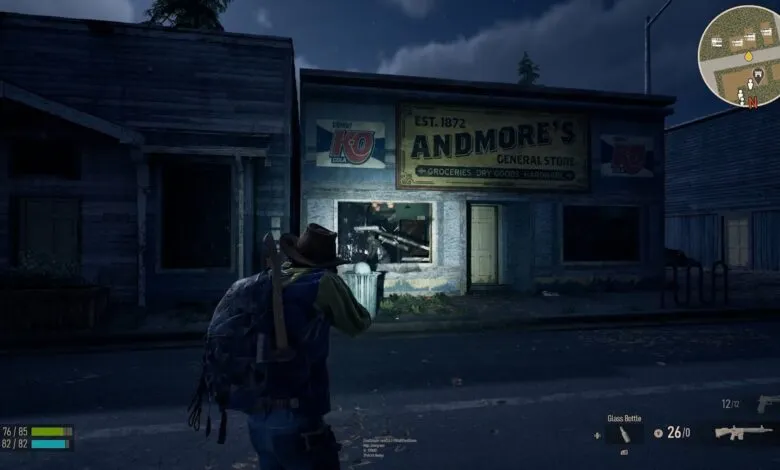 Character stands before Andmore's General Store at night.