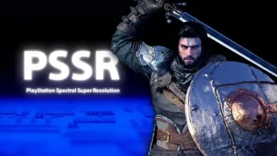 Warrior with shield and sword, PSSR PlayStation Spectral Super Resolution text overlay.