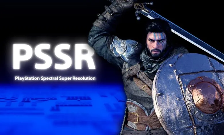 Warrior with shield and sword, PSSR PlayStation Spectral Super Resolution text overlay.