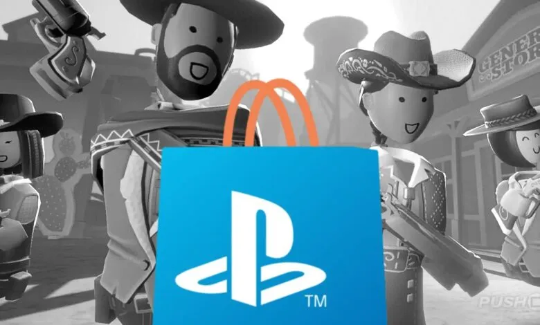 PlayStation logo on shopping bag in a stylized Wild West scene.