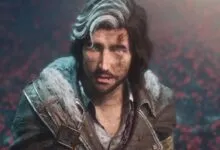 Close-up of a man with a battle-worn appearance and striking heterochromia.