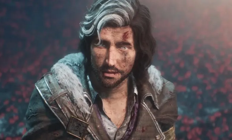 Close-up of a man with a battle-worn appearance and striking heterochromia.