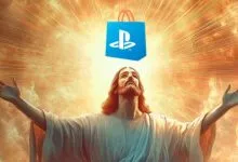 Jesus with arms outstretched, a PlayStation Store bag above his head, bathed in golden light.