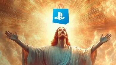 Jesus with arms outstretched, a PlayStation Store bag above his head, bathed in golden light.