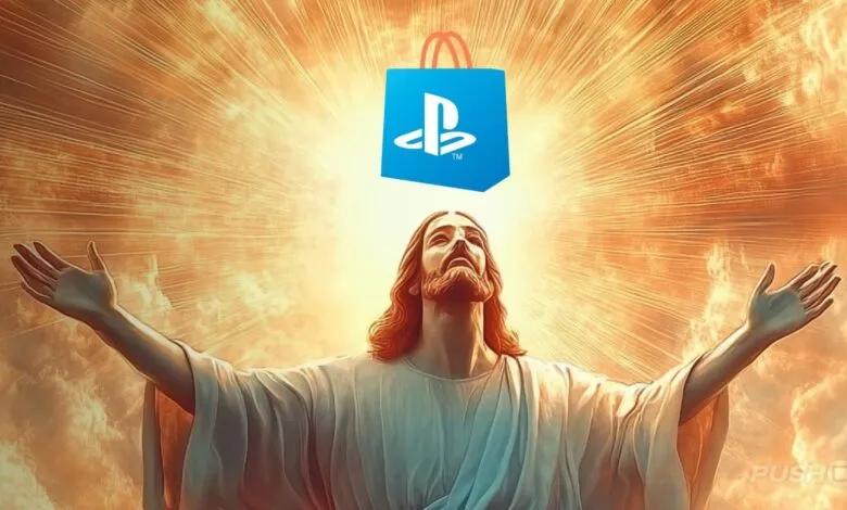 Jesus with arms outstretched, a PlayStation Store bag above his head, bathed in golden light.