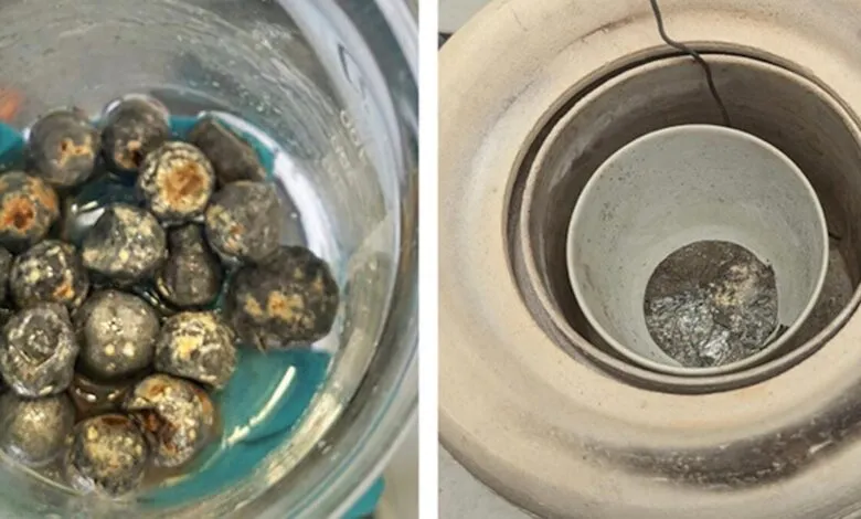 Lead bullets in water and molten metal in a crucible inside a furnace.