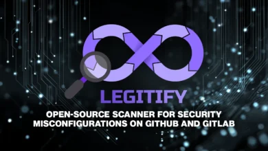 Legitify logo: Infinity symbol with magnifying glass on circuit board background.