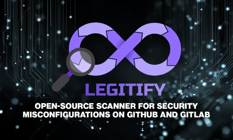 Legitify logo: Infinity symbol with magnifying glass on circuit board background.