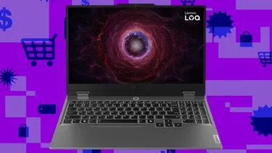 Lenovo LOQ laptop on purple background with shopping icons.