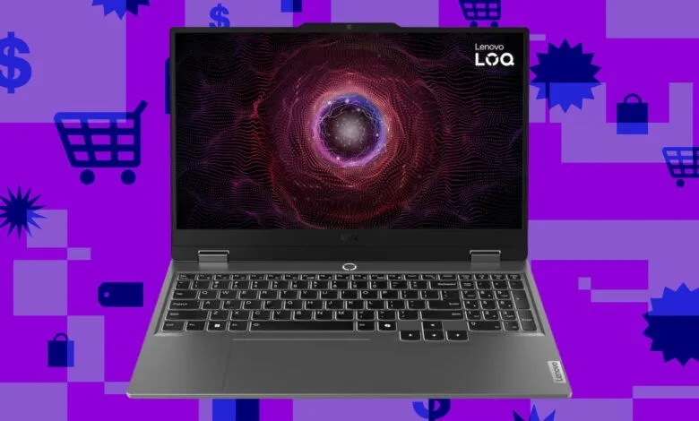 Lenovo LOQ laptop on purple background with shopping icons.