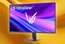 LG UltraGear monitor displaying vibrant purple and blue abstract design.